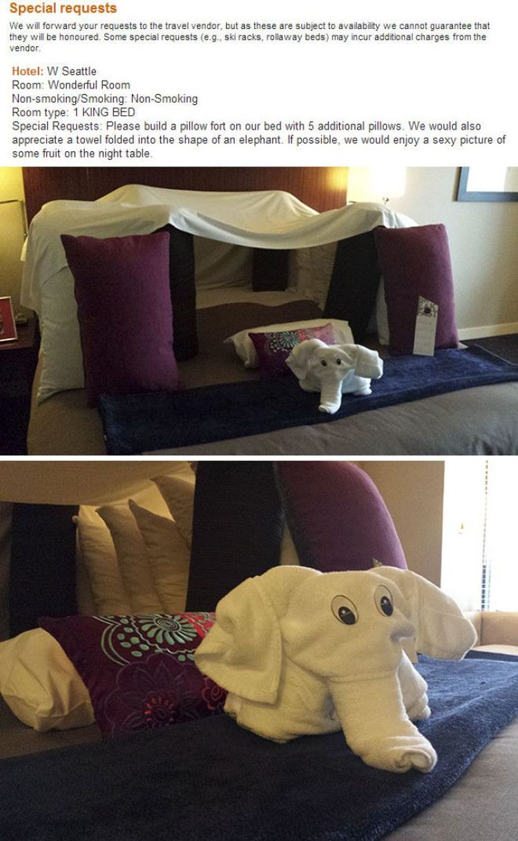 «Пожалуйста, постройте крепость на нашей кровати из пяти дополнительных подушек. Мы были бы также благодарны за полотенце в форме слона. Если можно, было бы здорово иметь сексуальную фотографию какого-нибудь фрукта на прикроватной тумбочке».