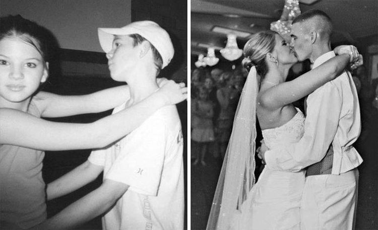 «Моя жена и я во время танца в 6-ом классе и в день нашей свадьбы»