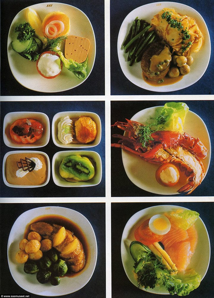 Лобстер часто был в меню Scandinavian Airlines. Эти фотографии, сделанные в 1981 году, показывают, что бы вы могли съесть, если бы летели бизнес классом