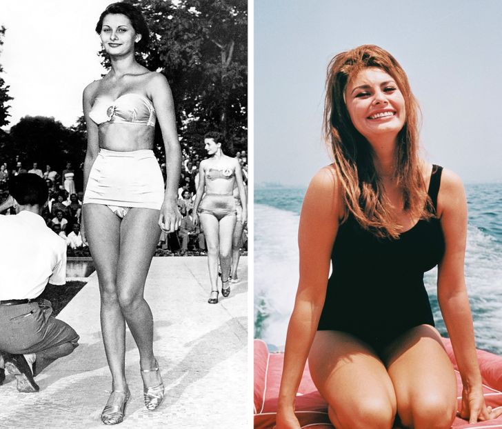На снимке слева 16-летняя София дефилирует в атласном купальнике по подиуму...