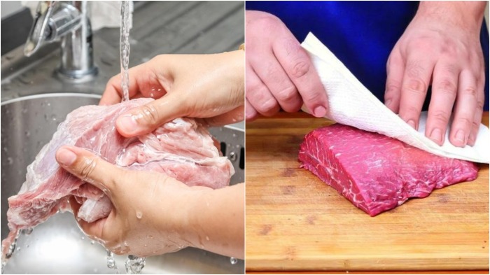 Нужно мыть мясо перед приготовлением. Протирание мяса полотенцем.